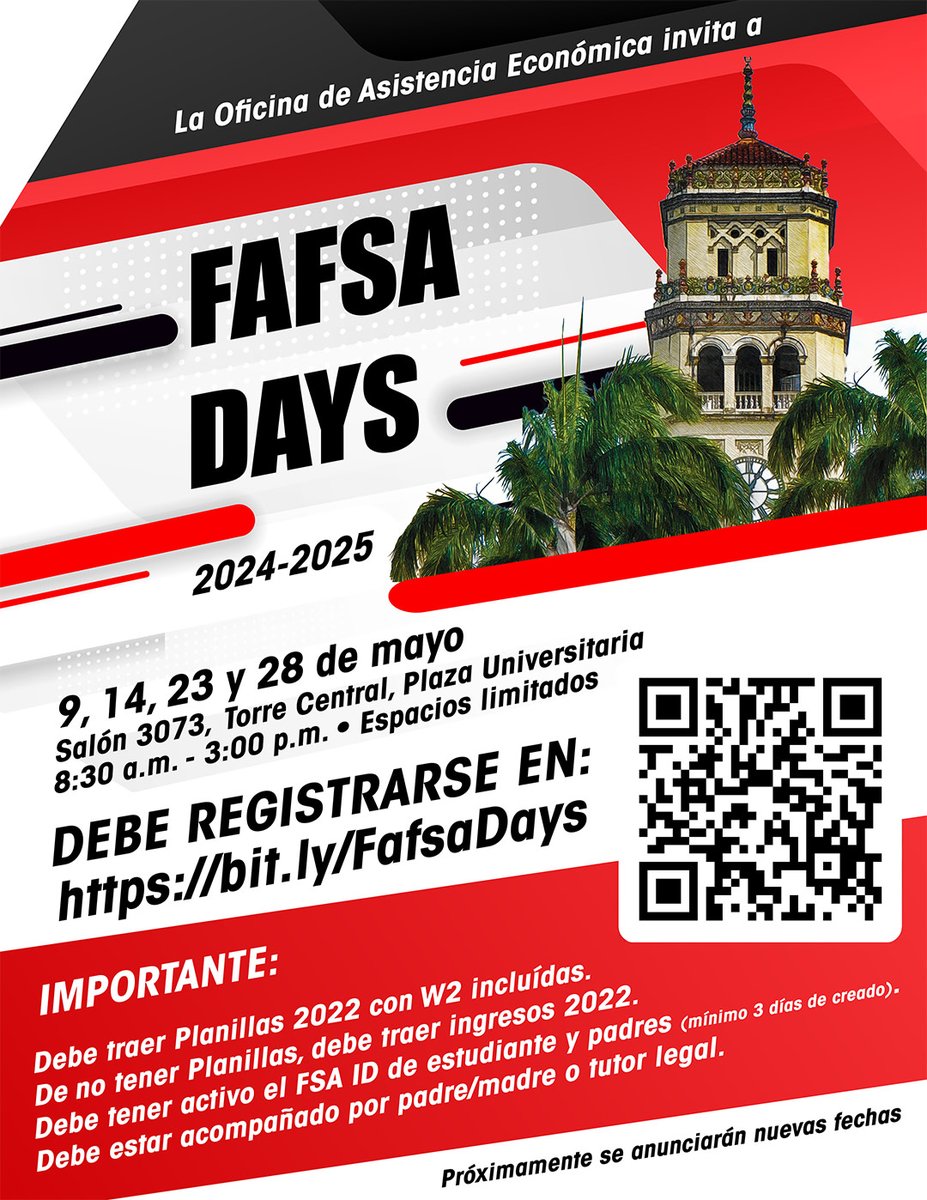 Estudiante 🚨Recuerda que los FAFSA Days continúan el 9, 14, 23 y 28 de mayo 📆 ¡Aprovecha la oportunidad! 📌🐔