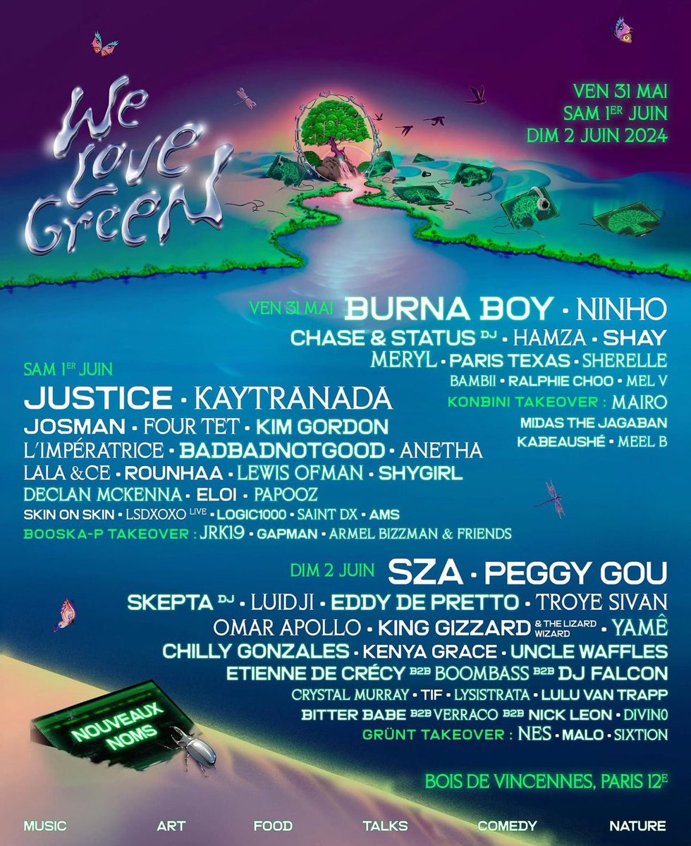 wrld_mag's tweet image. 🚨 CONCOURS 

GAGNE 2 PASS 1 JOUR POUR ASSISTER AU WE LOVE GREEN FESTIVAL AU BOIS DE VINCENNES DU 31 MAI AU 2 JUIN !

Avec.. 
• SZA 
• BURNA BOY 
• KAYTRANADA
• JOSMAN
• NINHO
• HAMZA

POUR PARTICIPER : 

RT + FOLLOW @wrld_mag &amp;amp; @WeLoveGreen