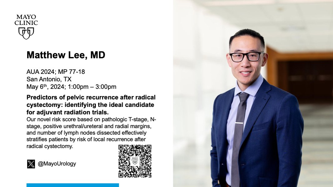 Today Matthew Lee, MD will present 'Predictors of Pelvic Recurrence After Radical Cystectomy: Identifying the Ideal Candidate for Adjuvant Radiation Clinical Trials'! ⏰ 1 pm poster session #AUA24