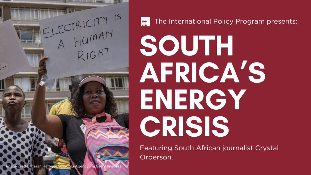 South Africans have endured rolling blackouts, further compounding many of the country's inequalities. Today, @CrystalOrderson joins us to discuss South Africa's transition to clean energy & how that might address the country's divides. RSVP:iop.app.neoncrm.com/np/clients/iop…