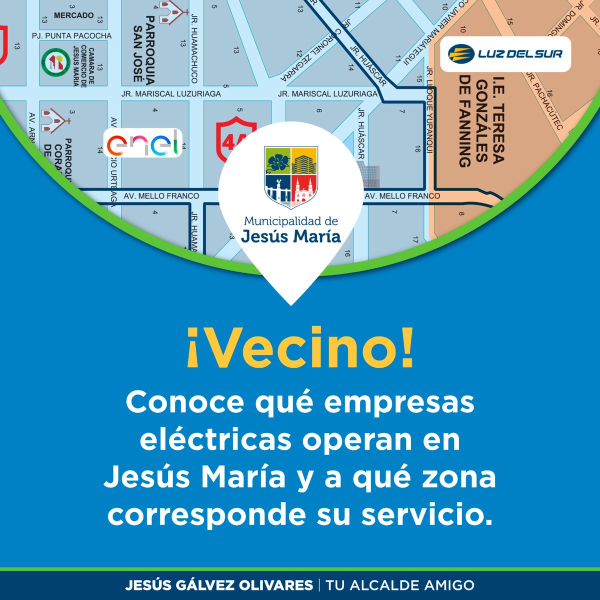 ¿Sabías que Jesús María cuenta con 2 empresas de servicio eléctrico? 💡 Ingresa al siguiente enlace 👉 bit.ly/3JHO6Y3 y revisa el mapa de cobertura.