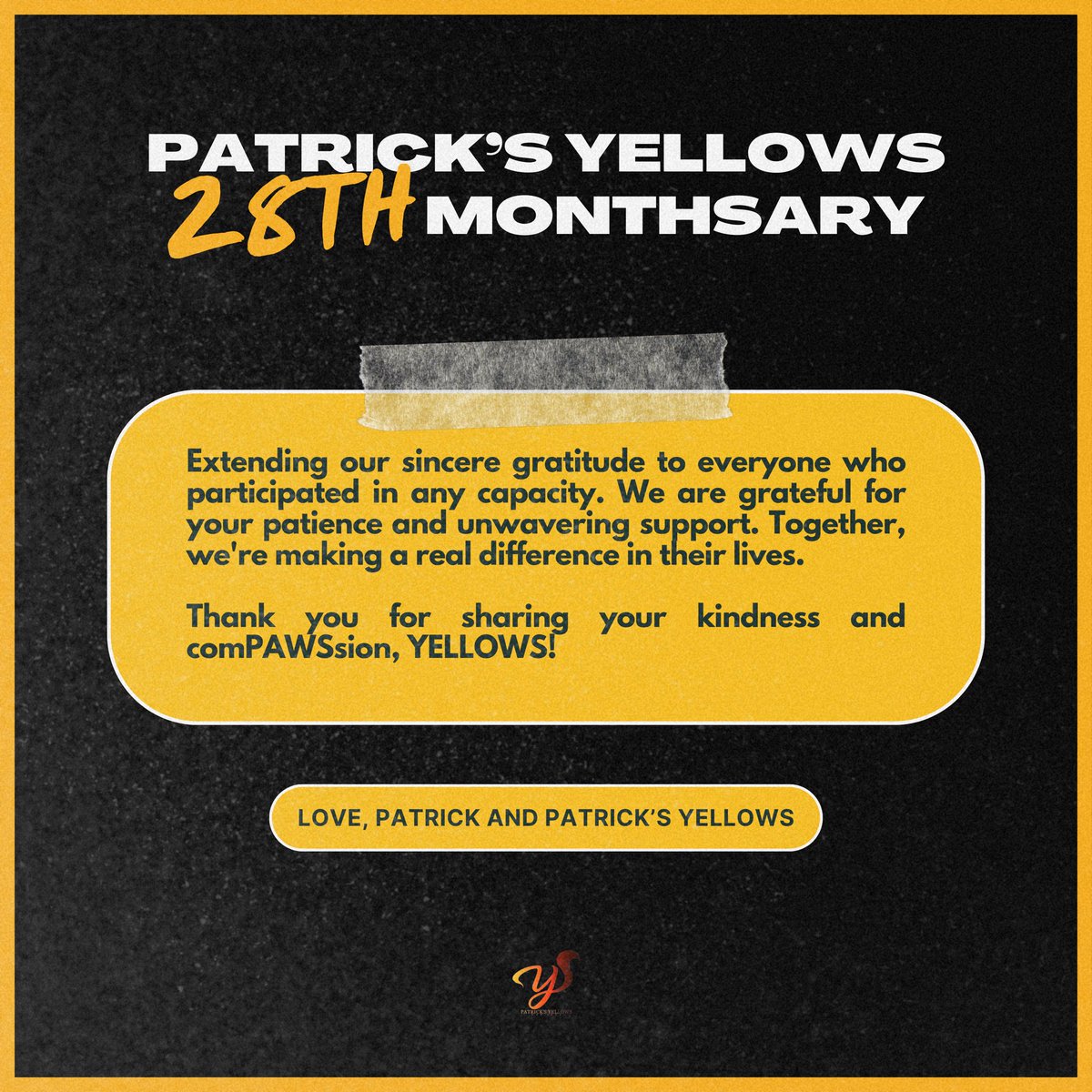 UPDATE: In line with Patrick’s Yellows’ 28th Monthsary and Belated 2nd Anniversary Celebration, we have successfully donated a generous amount to PAWS Philippines. 🐶💛

YELLOWS28Months
@vxonofficial @ptrckrcmr20 
#VXON_PATRICK #PURRfectPlay