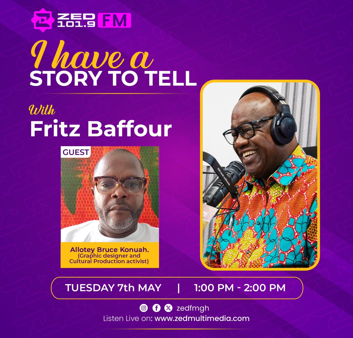 Hon. Fritz Baffour hosts yet another brilliant personality, Allotey Bruce Konuah- Graphic Designer and Cultural Production activist.

Tune in to Zed 101.9FM or live on Facebook tomorrow at 1pm for an insightful and resourceful conversation.

#zedfmgh #zedmultimedia