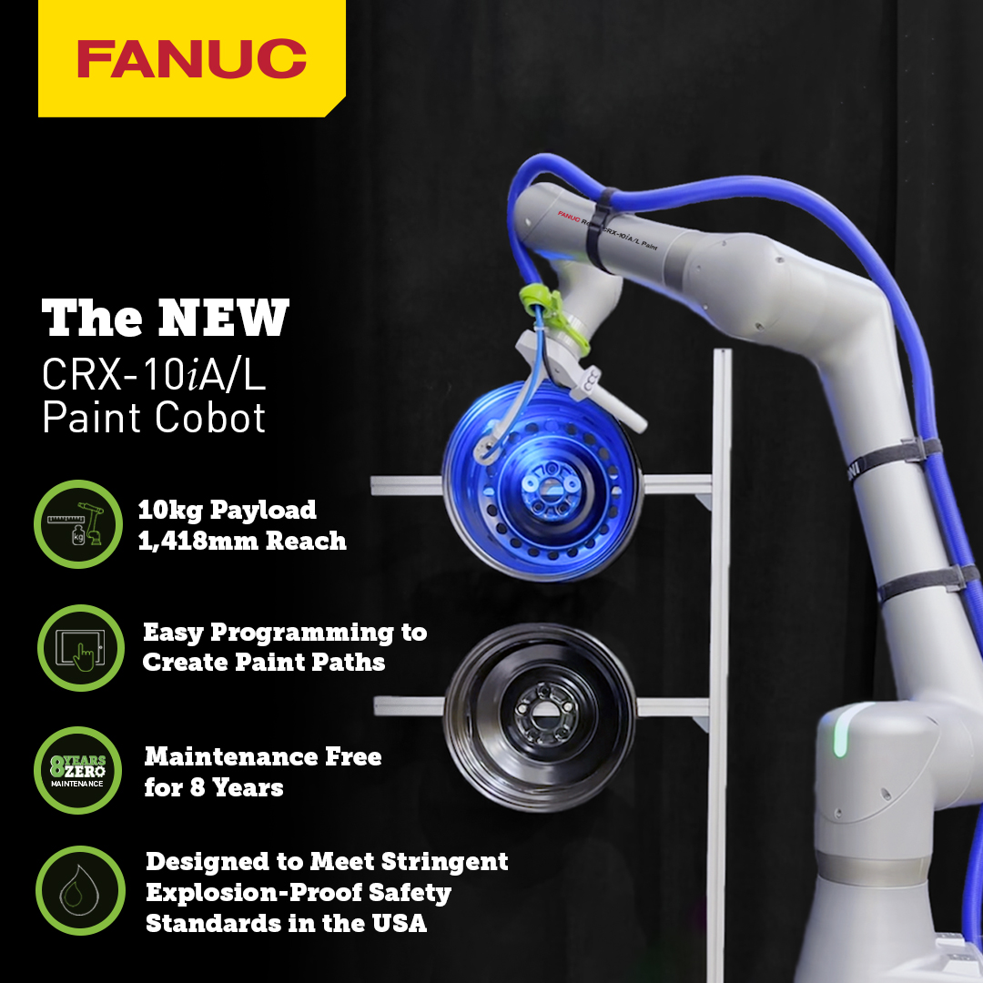 🚨The NEW FANUC CRX-10𝓲A/L Paint cobot offers flexible and easy-to-use automation to more #paint and #coating operations, including high-mix, low-volume applications. ➡️ bit.ly/4dGW1CL See this #cobot when you visit our #FANUC team during @AutomateShow in booth 1250!📍