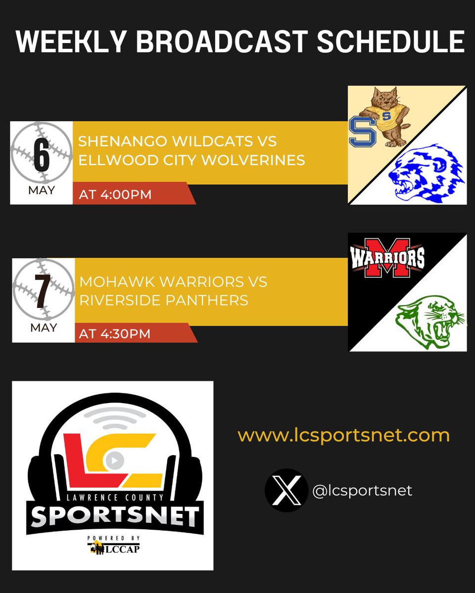 Tune in this week to @LCSportsNet to watch your favorite high school athletes! Mon 5/6 @ 4p - Baseball - Shenango vs. Ellwood City lcsportsnet.com/2024/05/shenan… Tues 5/7 @ 4:30p - Baseball - Mohawk vs. Riverside lcsportsnet.com/2024/05/mohawk… #baseball #highschoolsports