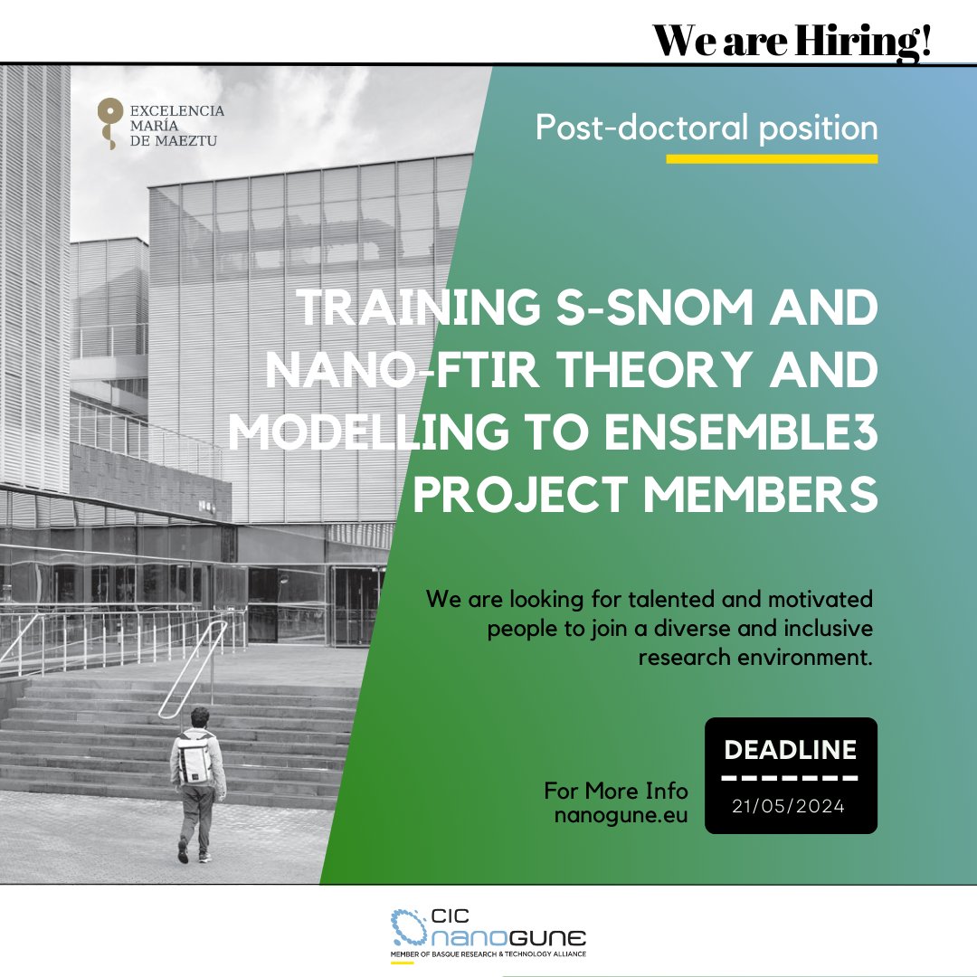 📣 We are #hiring! 🆕 #OPENPosition #Research #POSTDOC in Training s-SNOM and nano-FTIR theory and modelling to ENSEMBLE3 project members 🗓️ Deadline to apply: 21/05/2024 ✳️ More info: i.mtr.cool/wymviwpbnj