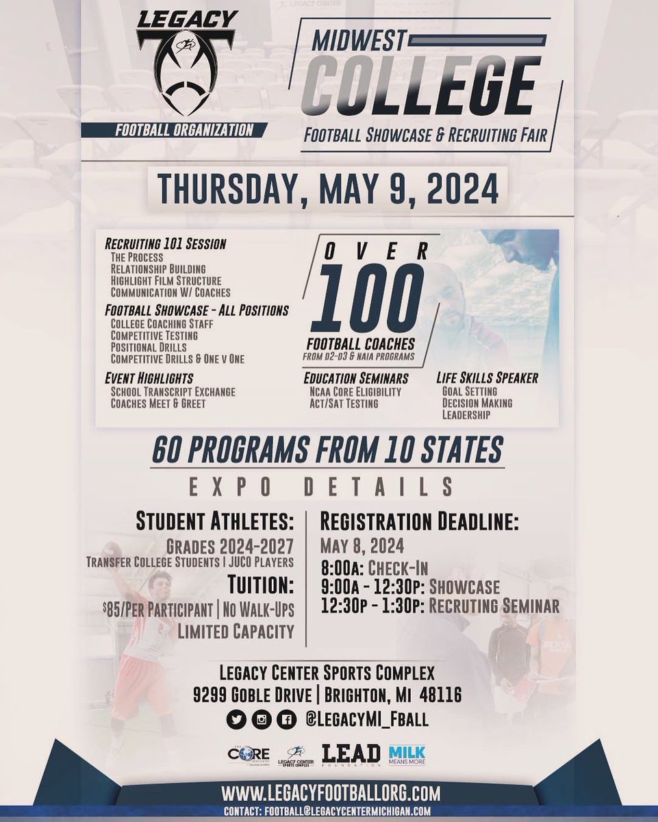 High School, Juco, Transfers.. this THURSDAY! Tap in! Compete! @LegacyMI_FBall