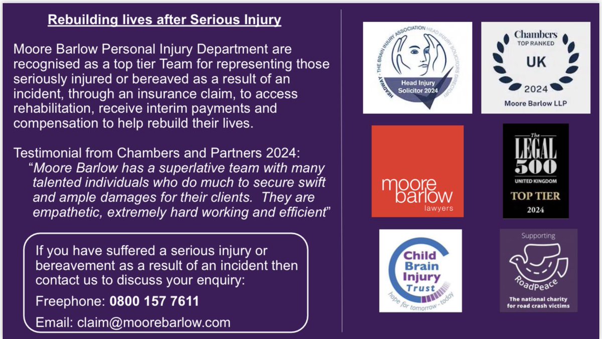 Our Specialist Solicitors are here to help you after a serious injury or bereavement. Visit our website here: moorebarlow.com/services/perso…

#fightingyourcorner #hereforyou #claim #compensation #accident #RoadSafety #braininjury #fatal4 #inquest #limbloss #sci #flo