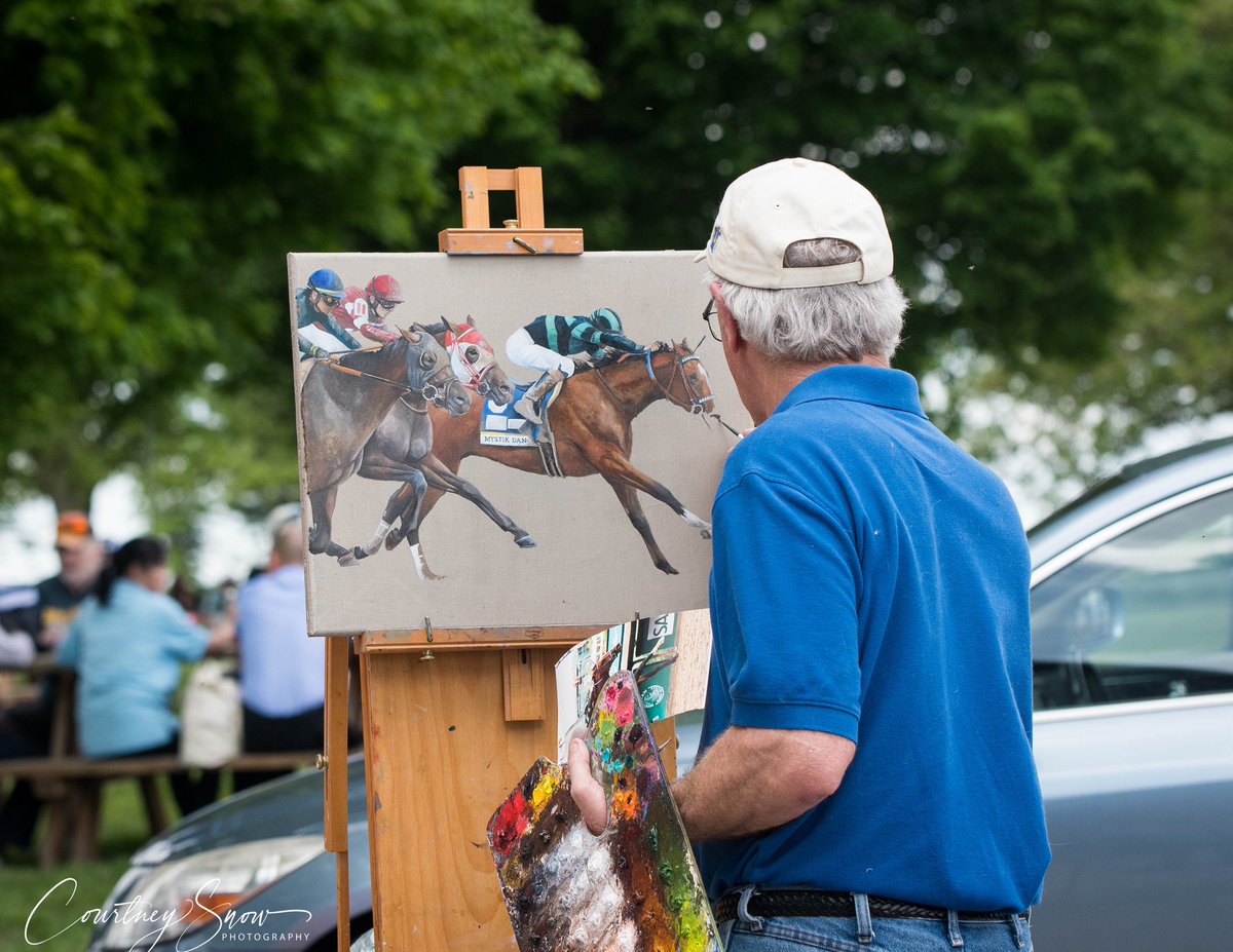 Artist Robert Clark painting Mystik Dan’s Kentucky Derby win photo at Old Friends’ Homecoming event yesterday. The painting later sold for $3,800 These photos were taken 2 hours apart