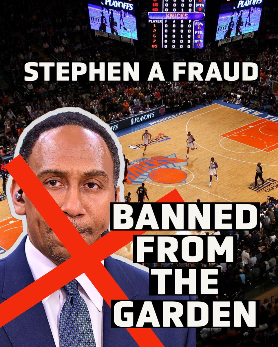 NFTCHAMPSSHOW's tweet photo. STEPHEN A SMITH a Fraud and he’s BANNED FROM THE GARDEN! He is not welcome. KNICKS FANS DO NOT CLAIM HIM. #knicks #stephenasmith #banned #fraud #clown @KnicksFanTv @KnicksNation @alanhahn https://t.co/zjIdlQiFCz