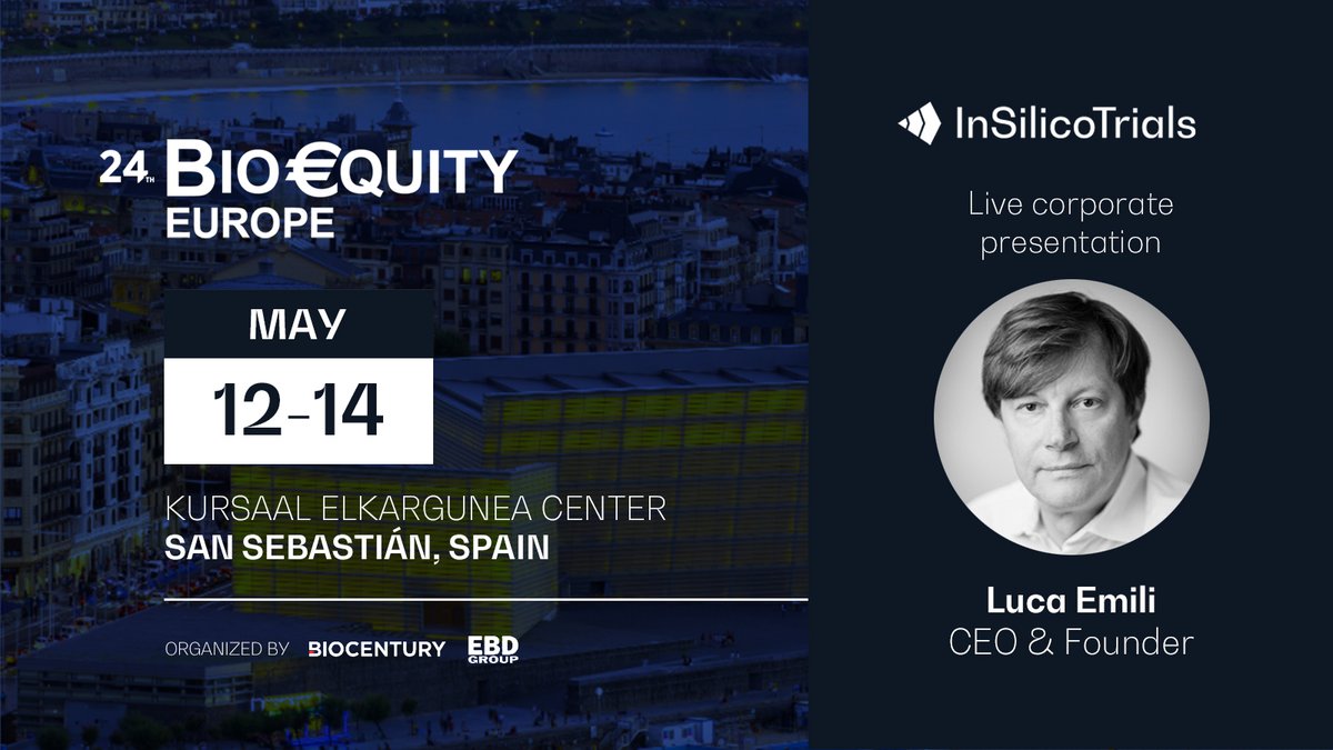 🌟 InSilicoTrials at #BioEquity Europe 2024 🗓 May 12-14 | San Sebastián, Spain Join us as our CEO showcases our platform for #computationalmodeling & #simulation, powered by #AI & #predictivetechnologies. Enhancing #biotech R&D, funding & compliance 🔗 conferences.biocentury.com/bioequity-euro…