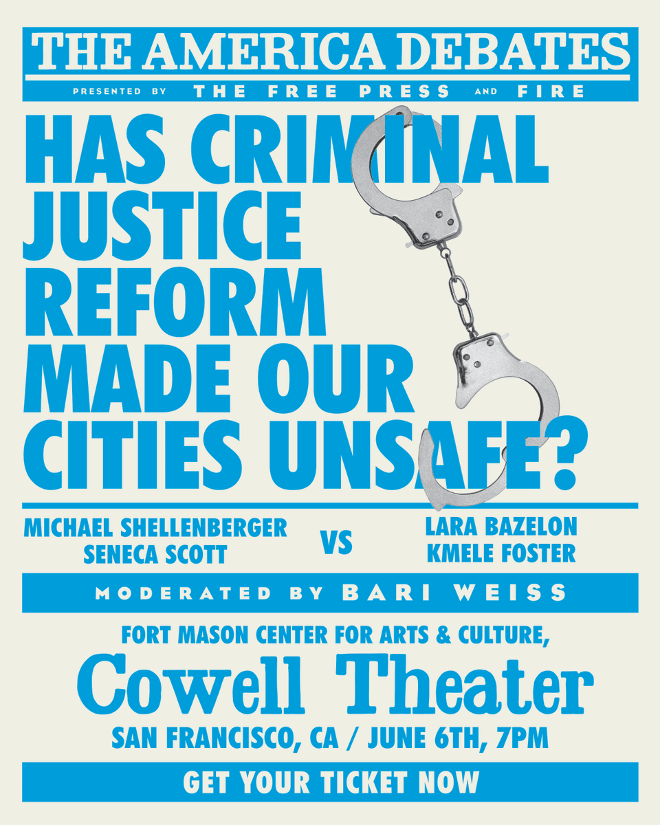 We are thrilled to announce our next debate, in partnership with @TheFIREorg, as we head to San Francisco to take on one of the nation’s most contentious issues: Has Criminal Justice Reform Made Our Cities Unsafe? Join @BariWeiss, @Shellenberger, @SenecaSpeaks21, @Kmele, and