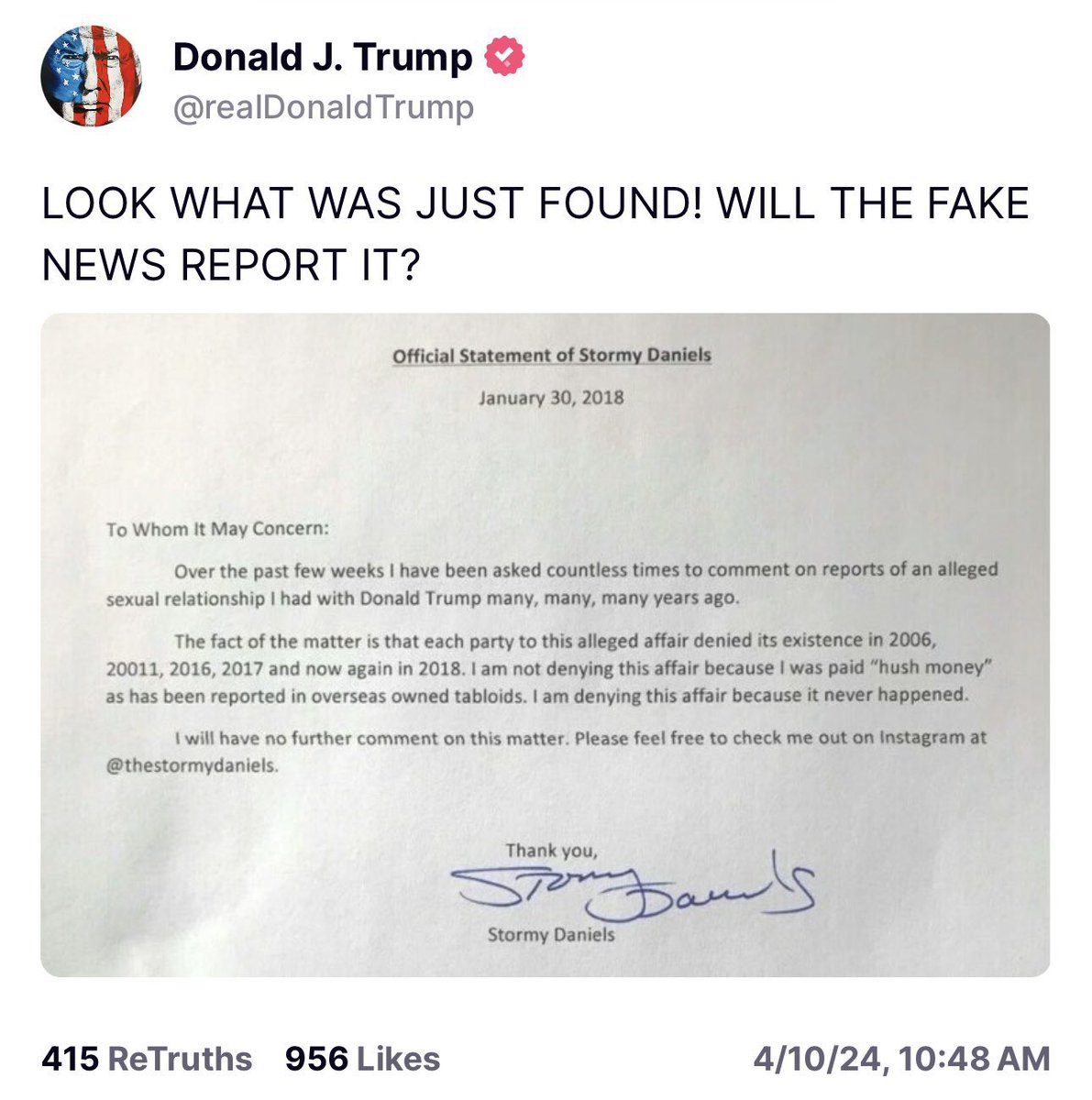 Since the judge made @realDonaldTrump take this letter down showing Stormy Daniels is a fraud and the whole case should be thrown out, I’m posting again to keep it in the news. Please bookmark, take this pic and spread all over social media. The TRUTH will not be silenced!!!!