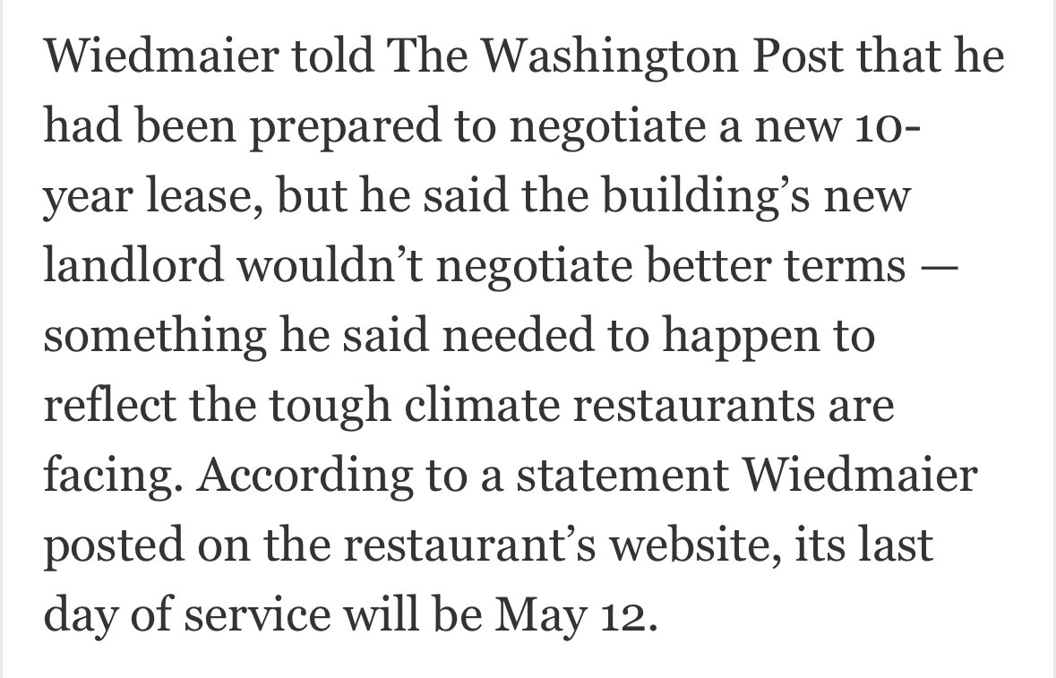 Marcel’s landlord sent an email to tenants saying the restaurant “was unable to meet even reduced obligations for extended lease terms.” Owner Robert Wiedmaier told the @washingtonpost that lease negotiations were the reason for the closure. washingtonpost.com/food/2024/05/0…