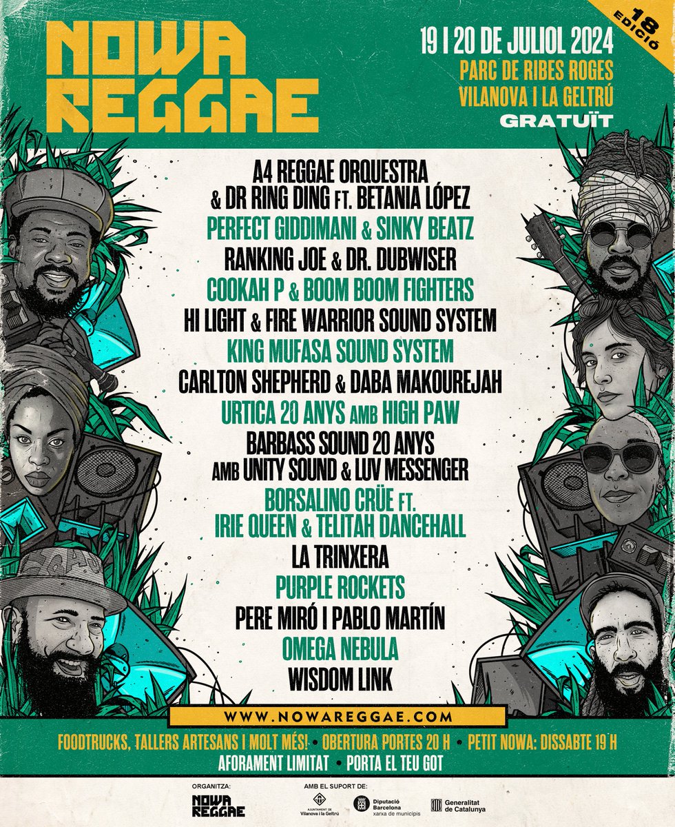 💥NOWA REGGAE 2024💥
👉🏻Comença el compte enrere! Aquí teniu el cartell del Nowa Reggae d’enguany.

🗓️ 19 i 20 de Juliol 
📍 Parc de Ribes Roges, Vilanova I La Geltrú
⚠️ ENTRADA GRATUÏTA - AFORAMENT LIMITAT ⚠️