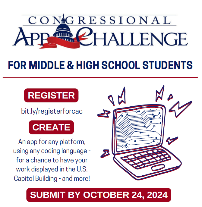 Pleased to announce this year’s Congressional App Challenge, a nationwide event open to middle and high school students across the district. #Congress4CS

More Info: bit.ly/registerforcac