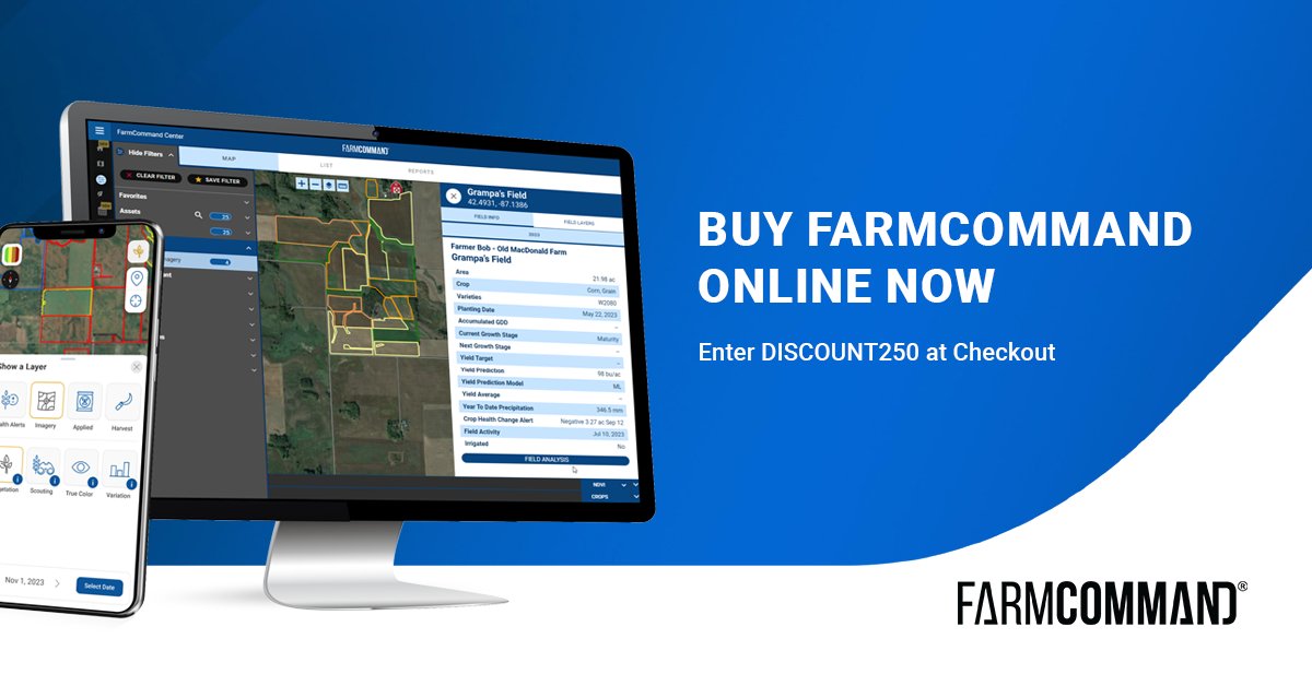 It's now easier to maximize your returns with data-driven management. Order your FarmCommand Essentials Package online and digitize your farm for 2024. Remember to enter Discount250 at checkout to save. loom.ly/YjX9ecQ
