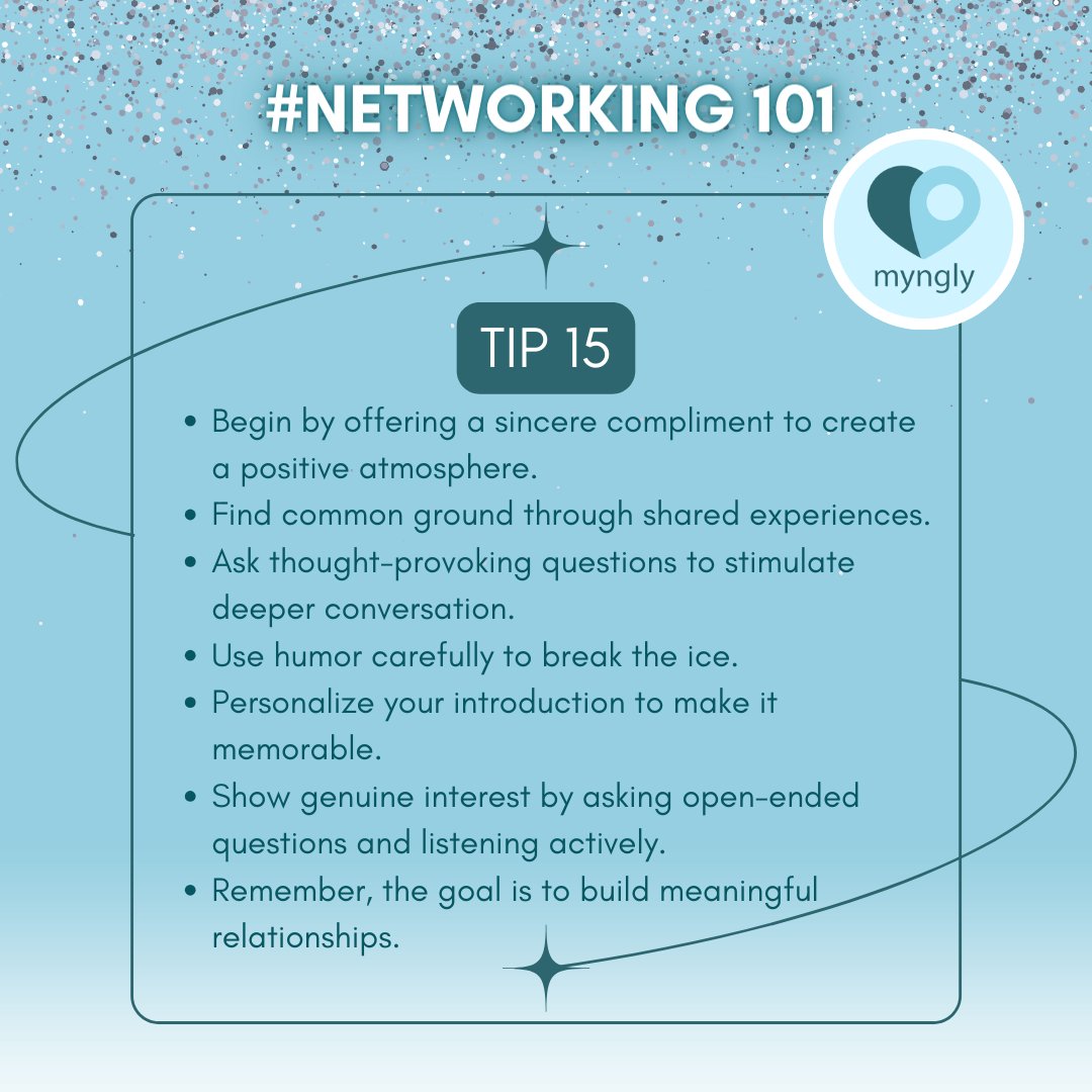 Mastering the art of icebreaking is essential for successful networking. Start with genuine compliments, find common ground, and ask stimulating questions. Appropriate humor can lighten the mood and keep the conversation flowing.
#Myngly #NetworkingTips #Networking