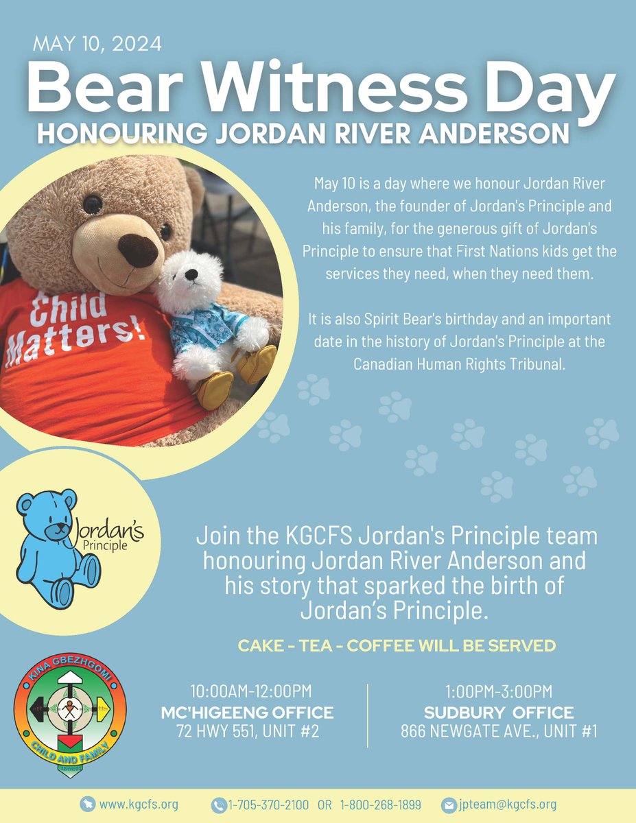 The KGCFS Jordan’s Principle team is hosting an event honouring Jordan River Anderson, the founder of Jordan’s Principle on Bear Witness Day this Friday, May 10 2024, at their M’Chigeeng and Newgate locations. More information below.