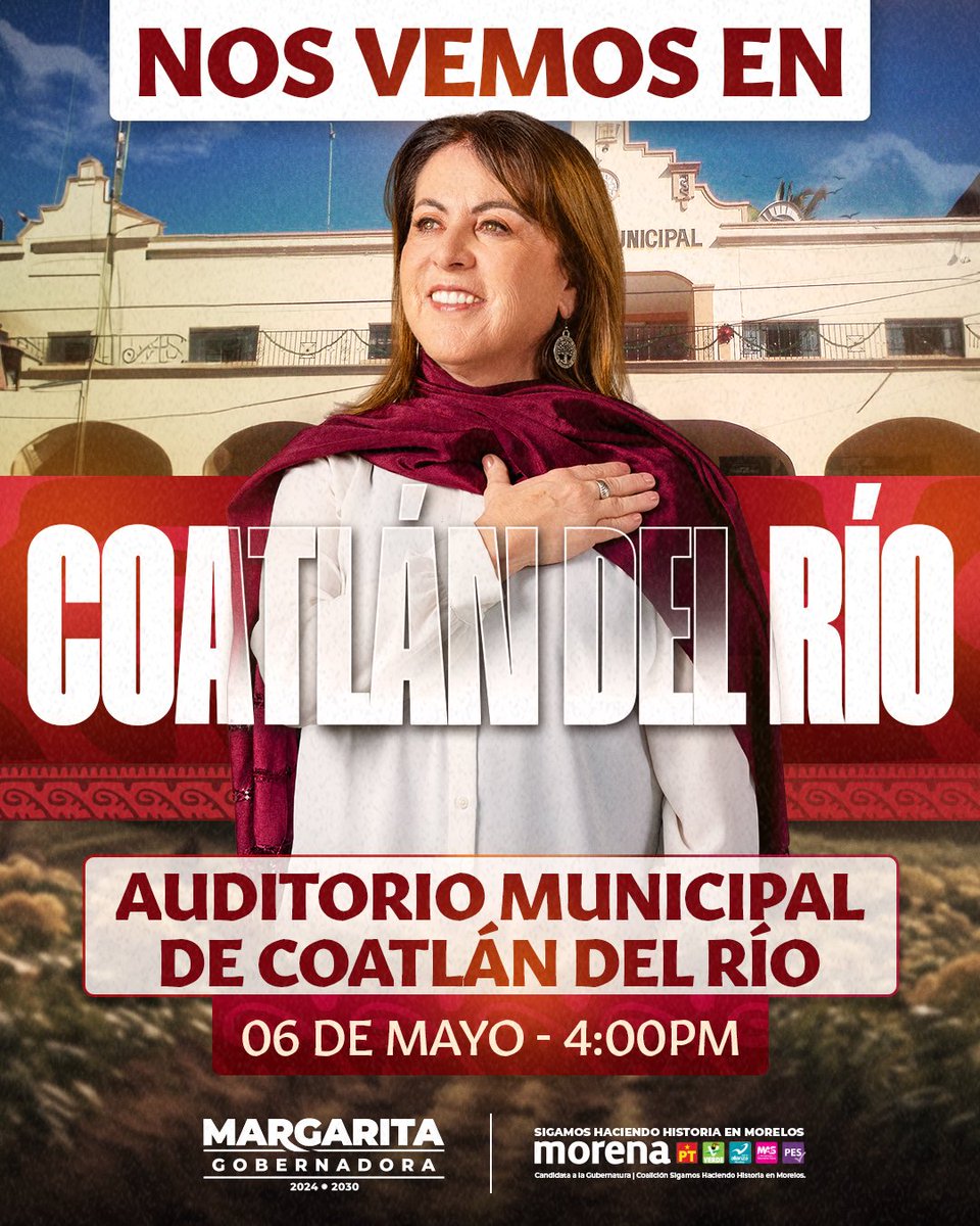 📍 ¡Vamos por una semana más! Los espero esta tarde en Coatlán del Río para continuar con los recorridos de la transformación. 

#MargaritaGobernadora