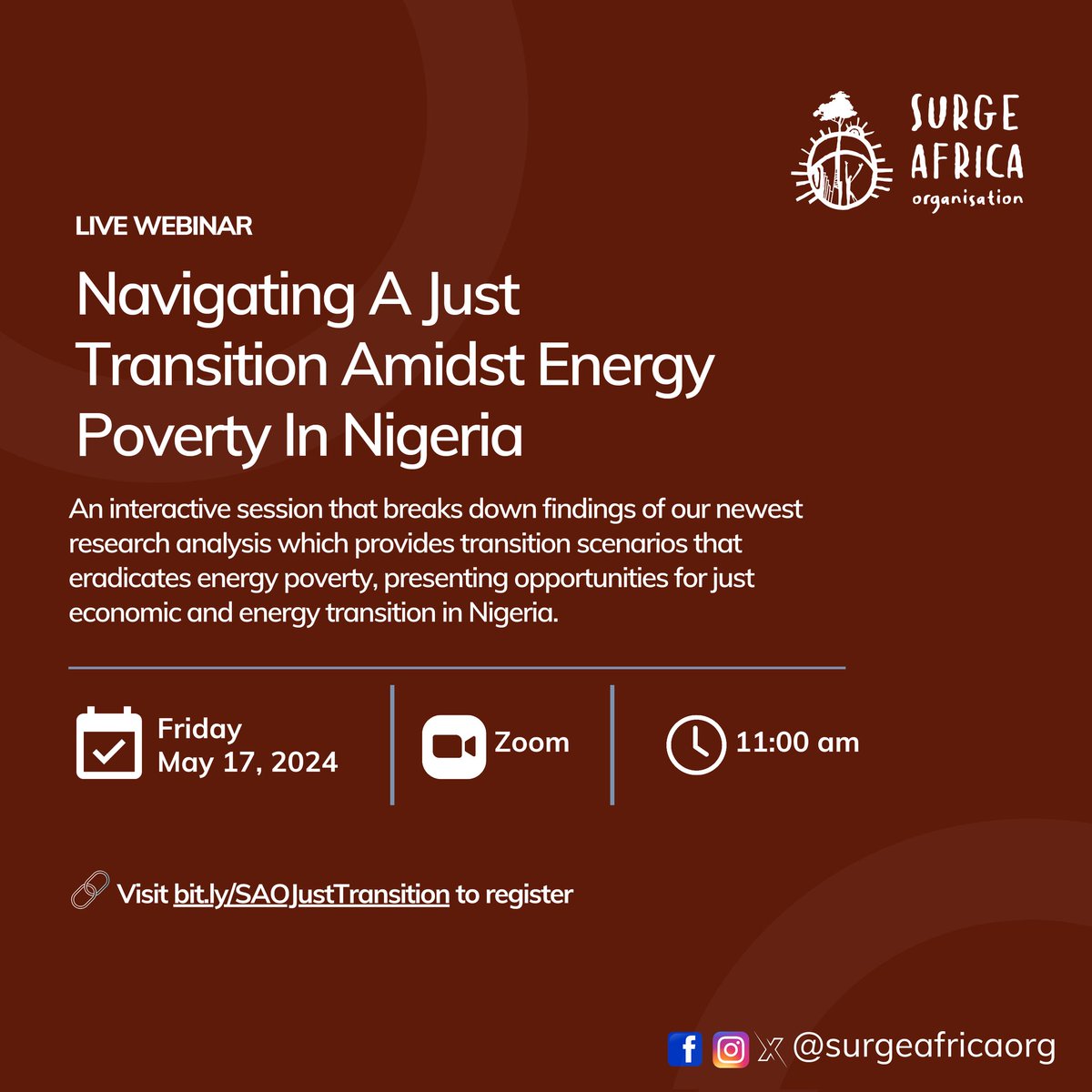 What is the future for Nigeria's just energy transition? Join our webinar to unpack Surge Africa's latest research on how we can navigate a just transition. 🔗Register now: bit.ly/SAOJustTransit… Date: 17th May, 2024 ⏲️ 11 am #SurgeAfricaOrg #JustTransition #EnergyPolicy
