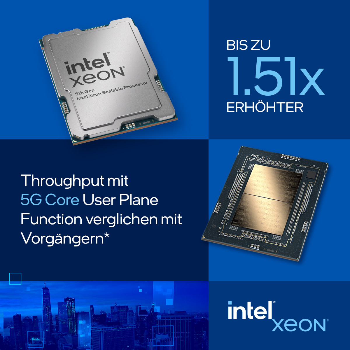 Bis 2028 könnte sich der mobile Datenverkehr vervierfachen. Im Herzen dieser Entwicklung befindet sich der Intel® Xeon® Prozessor der 5. Generation, welcher entscheidende Verbesserungen für 5G-Netzwerke bieten kann. Für mehr Informationen: intel.ly/3wf1RKG
