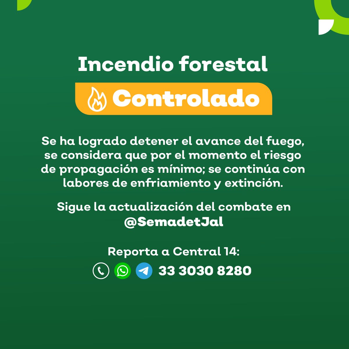 <a href="/SemadetJal/">SEMADET Jalisco</a> <a href="/PCJalisco/">Protección Civil JAL</a> <a href="/aipromades/">Aipromades</a> #Actualización 

Se reporta controlado a las 04:00 horas el #IncendioForestal en el paraje La Culebra, #IxtlahuacánDeLosMembrillos.
43 bomberas y bomberos forestales de <a href="/SemadetJal/">SEMADET Jalisco</a>,  <a href="/PCJalisco/">Protección Civil JAL</a>, <a href="/AIPROMADES/">Aipromades</a>, #UMPCyB y #Particulares.