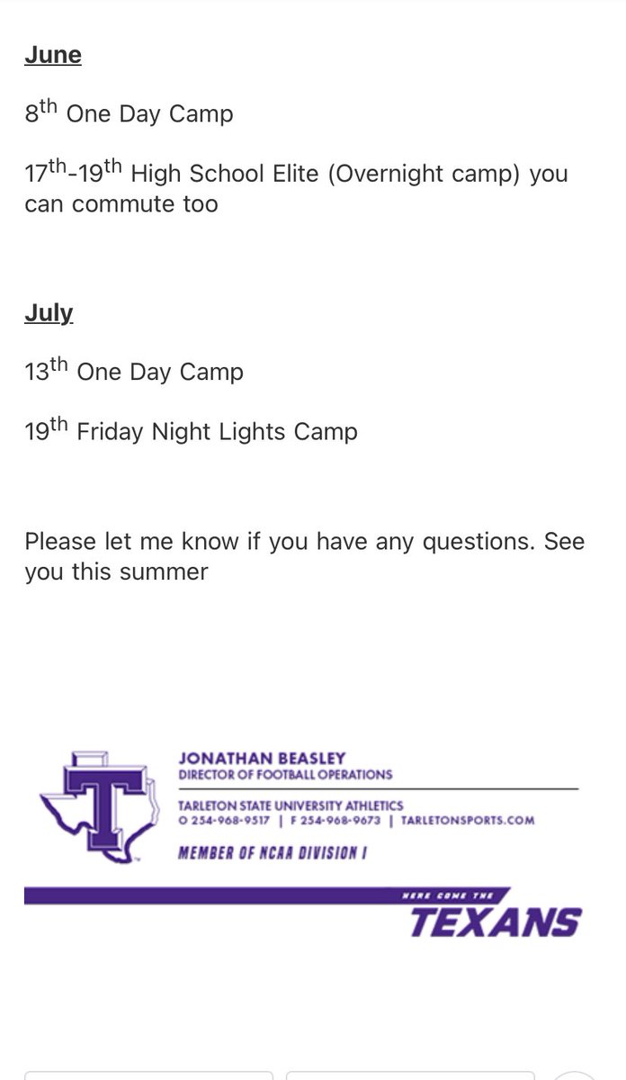 Thank you @TarletonFB for the camp invite ! #YAC