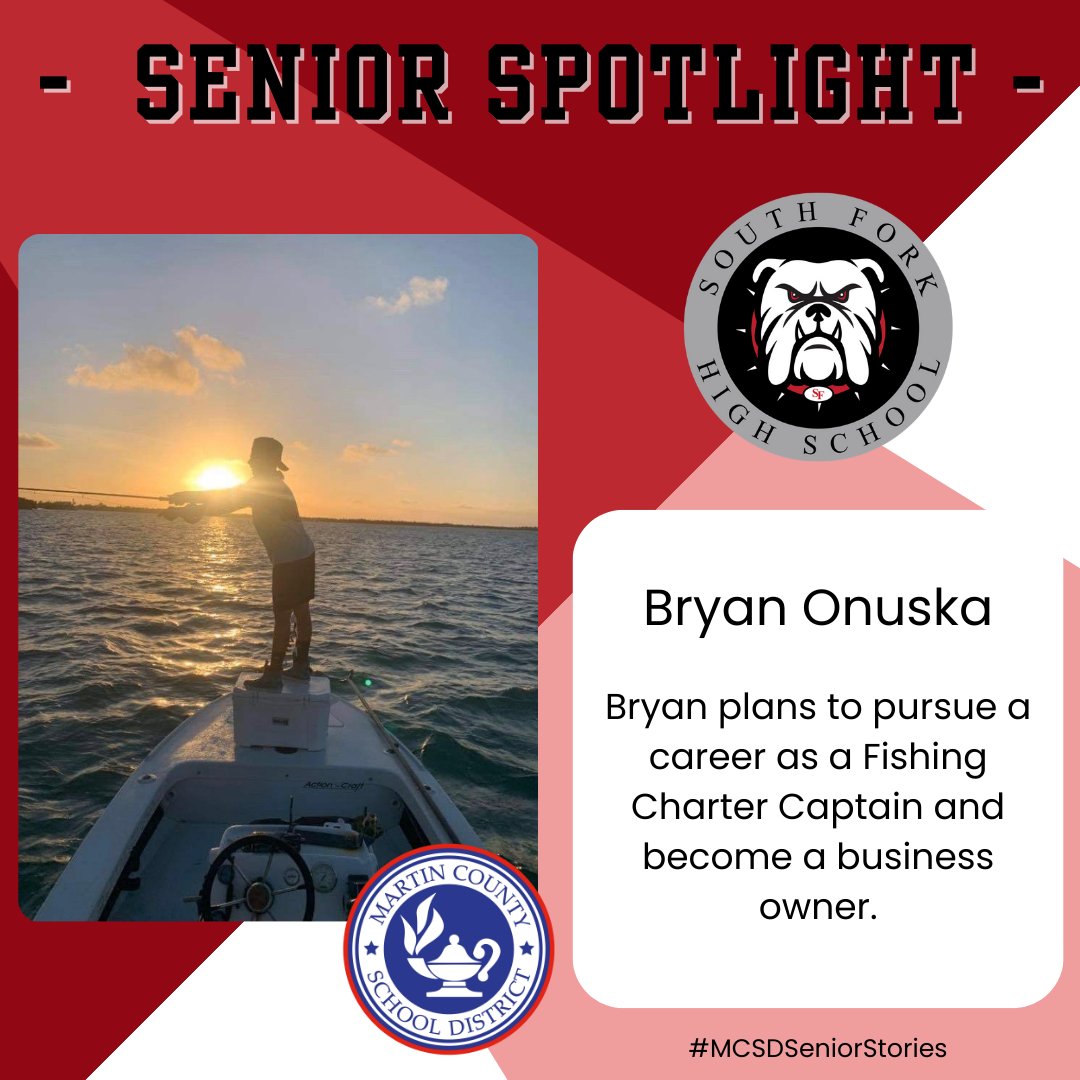 🎓#MCSDSENIORSTORIES🎓 This morning, we are shining a spotlight on @wearesouthfork senior Bryan Onuska! Bryan plans to pursue a career as a charter fishing captain. 🎉Congrats, Bryan!🎉 #ALLINMartin👊 #PublicSchoolPROUD #Classof2024