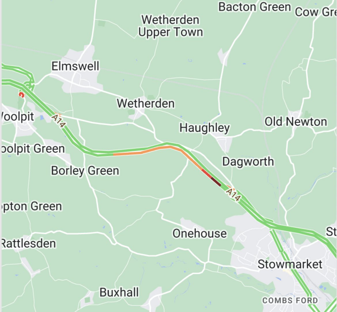 #A14 westbound - heavy traffic between J49 (Stowmarket) and J47 (Woolpit) - approaching and through the ROADWORKS contraflow - towards Bury St Edmunds