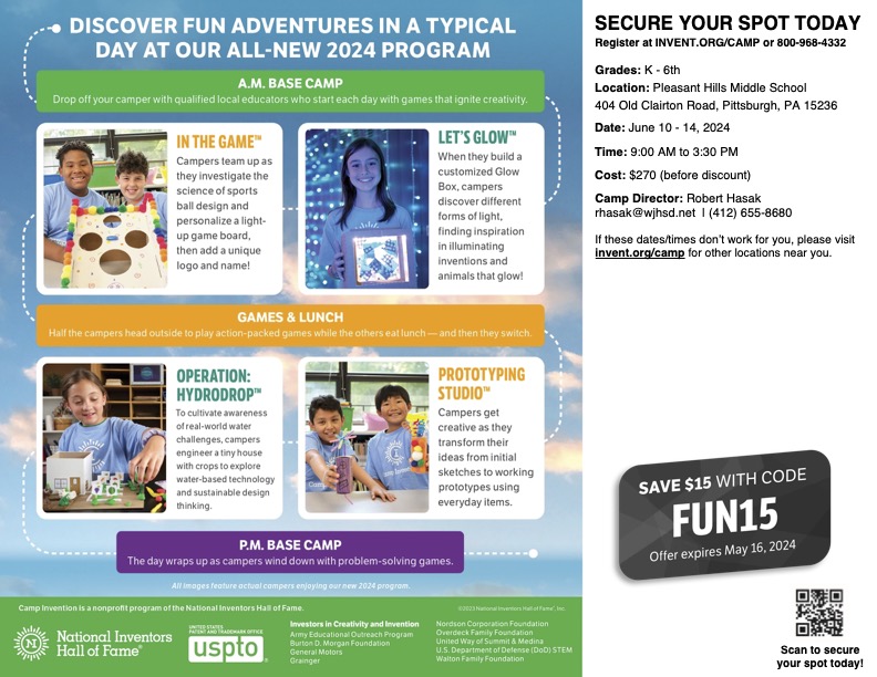 Camp Invention returns to Pleasant Hills Middle School for STEM Camp - June 10-14! Camp is open to all area students entering K-6th grade this Fall; runs 9 am-3 pm. More info./register at: invent.org/camp. Use code: FUN15 for $15 discount by 5/16. #WJHSD @McClellan_WJHSD