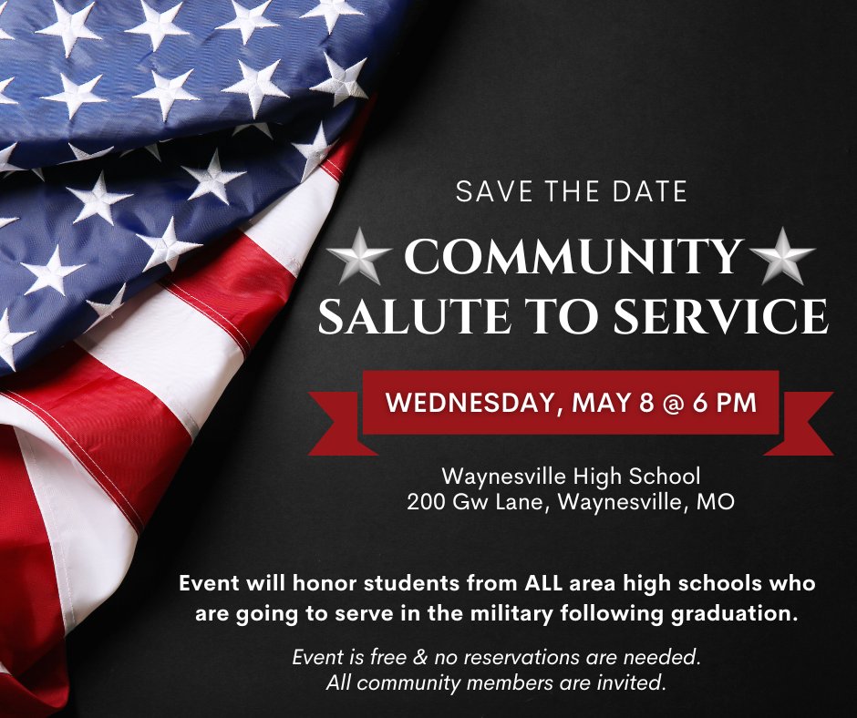 Please remember to join us for the 2024 Salute to Service Celebration at the Waynesville High School on Wednesday, May 8 at 6 p.m. The event is FREE and all community members are invited to attend!
#FLWRegion #SalutetoService #BeAllYouCanBe