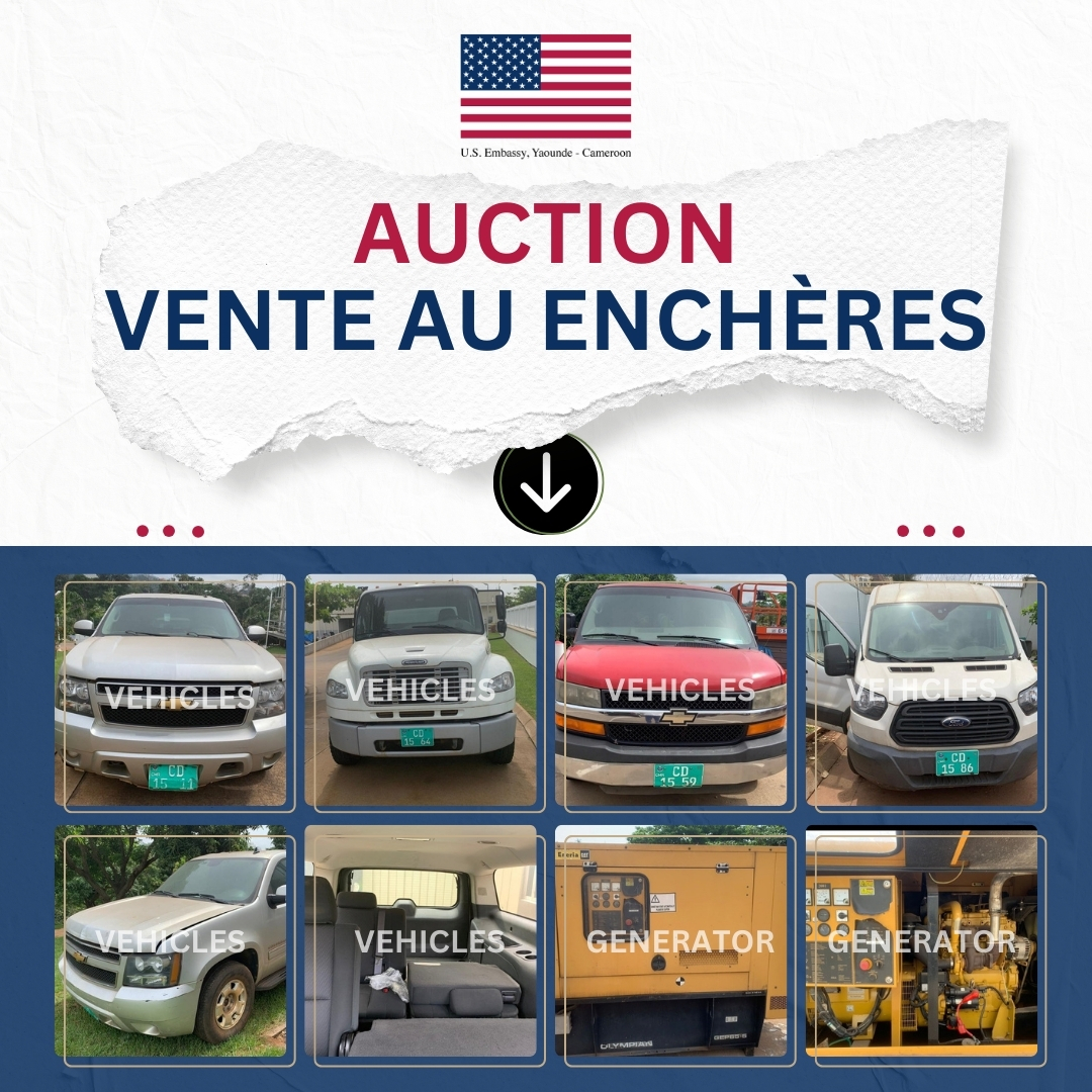🚨 U.S. Embassy Yaoundé is auctioning used vehicles &amp; generators! 🚗🔌 Check out the items online &amp; register to bid at tinyurl.com/usembassyaucti…. Bidding starts May 14, 10:00 &amp; ends May 16, 12:00.
NOTE: All bidders must create an account and register online to participate in the
