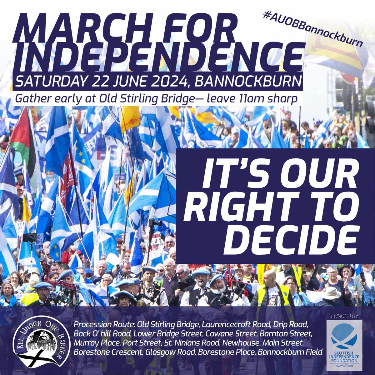 Now is the Time to generate and vitalise the independence movement. We look forward to seeing everyone at this year's annual Bannockburn march, which takes place Saturday 22 June. Make sure to attend the National demonstration for self determination. Be there! 🏴󠁧󠁢󠁳󠁣󠁴󠁿 #AUOBBannockburn