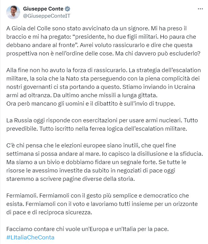 Caro @GiuseppeConteIT, continuo a trovare sconcertante e raccapricciante l'idea di pace che con vile opportunismo continua da mesi a spacciare come tale, sebbene altro non sia se non un propagandistico e disinvoltamente ipocrita camuffamento di una resa. Non che questo sia una…