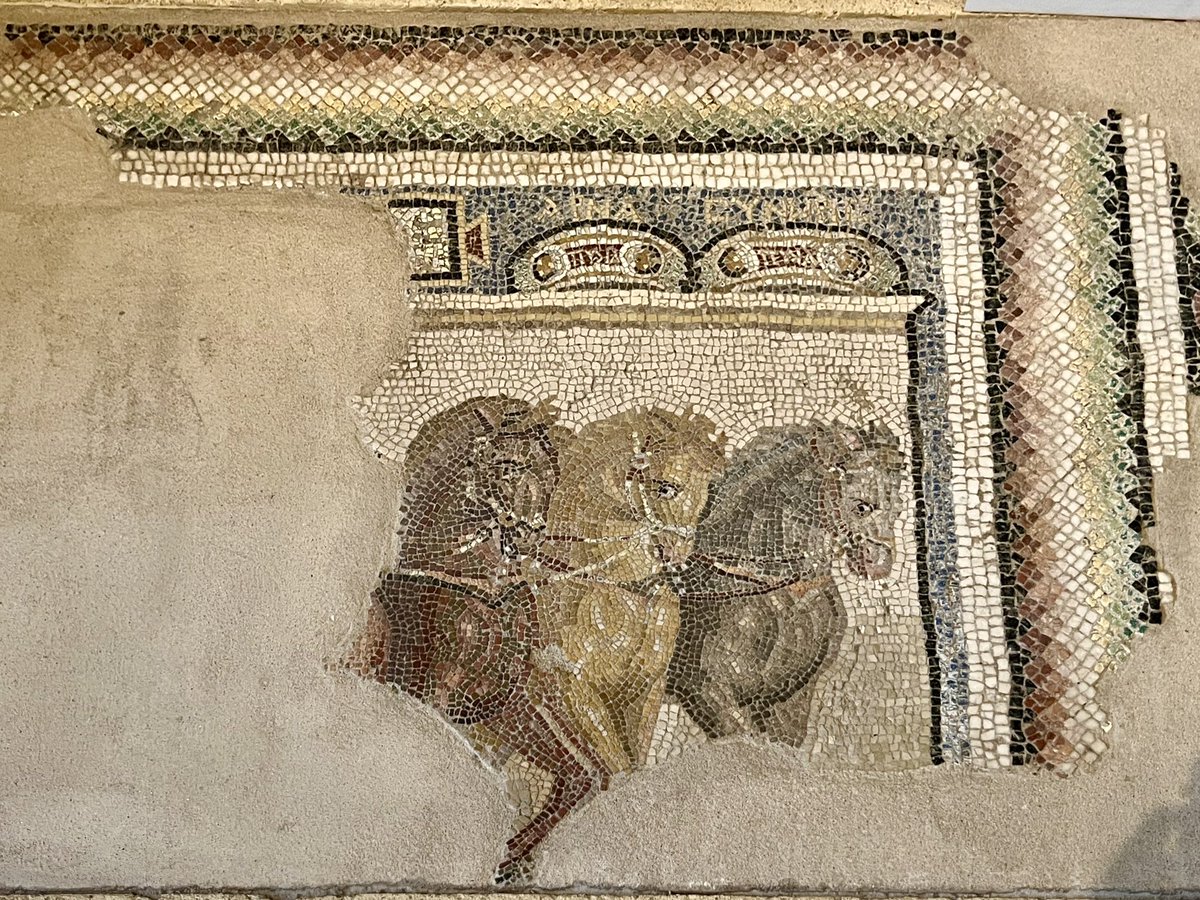 Chariot racing mosaic-250-300 AD

This beautifully crafted mosaic was once a central feature of a dining room (triklinion). 

These elite horses were part of a triumphant 4-horse chariot team (tethrippon). Their energy and..(1/4).
📷2023
#MosaicMonday #Archaeology #Roman #Greece