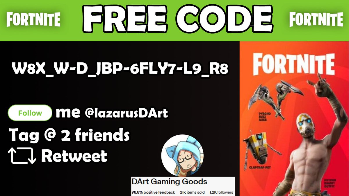 FREE #Fortnite Psycho Bundle!😤Good luck!

Support:
#Follow me 🫶  
#RT this post! 🤝
#tag 2 friends 👋

 #Fortnitelego #lego #fn #FortniteChapter #FortniteFestival #FortniteFanArt
#fortnitememes #fortnitegameplay #fortnitenews #fortnitepsycho #borderlandsmovie #borderlands