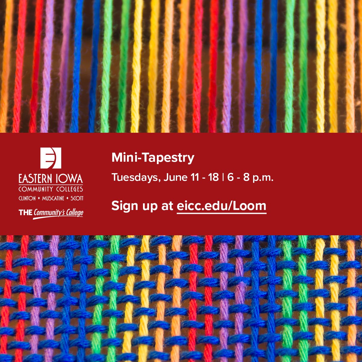 Join us for our Mini-Tapestry class and learn how to warp a frame loom, weave diagonal and vertical blocks, weave a wavy line, and various techniques for finishing your tapestry.

Register now at eicc.edu/Loom. 🧶

#THECommunitysCollege #Tapestry #Art #Crafts #Loom