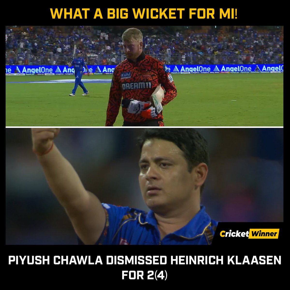 Piyush Chawla gets the big fish.

📸: Jio Cinema

#MIvSRH #PiyushChawla #MI #SRH #IPL2024 #IPL #CricketWinner