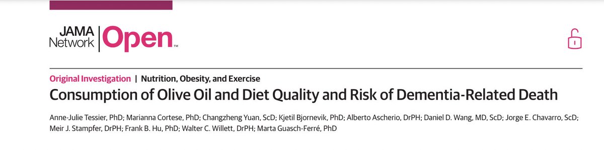 #oliveoil and #dementia mortality: Our new paper is out in @JAMANetworkOpen ! We found that consuming more than 0.5 tbsp of olive oil was associated with 28% lower risk of dementia mortality compared to never or rarely consuming olive oil. Paper: jamanetwork.com/journals/jaman… 🧵