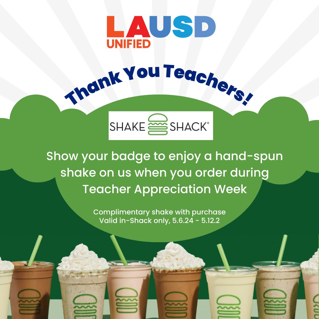 Happy #TeacherAppreciationWeek ! 📚🏫🍎 🚨When you show your badge at @shakeshack 🍔 for complimentary shake with purchase 🗓️May 6 to May 12