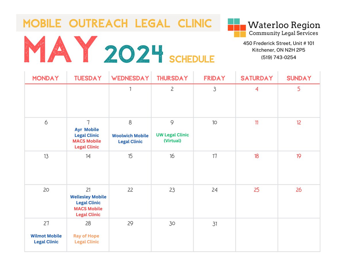 Check out our Mobile Outreach Legal Clinic schedule for May 2024! 🗓️ Visit our website for full details on how to register for each free mobile legal clinic: WRCLS.ca/rural-mobile-l…