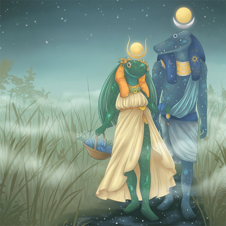 HandmaidenToArt's tweet photo. Heqat(-Nut?) and Heru-Khenty-irty/-Khenty-khety walk along the starry marsh in the mist. 

#kemetic #kemeticism #polytheism #netjeru #pagan #paganism #deity https://t.co/yDv5JRxk6g
