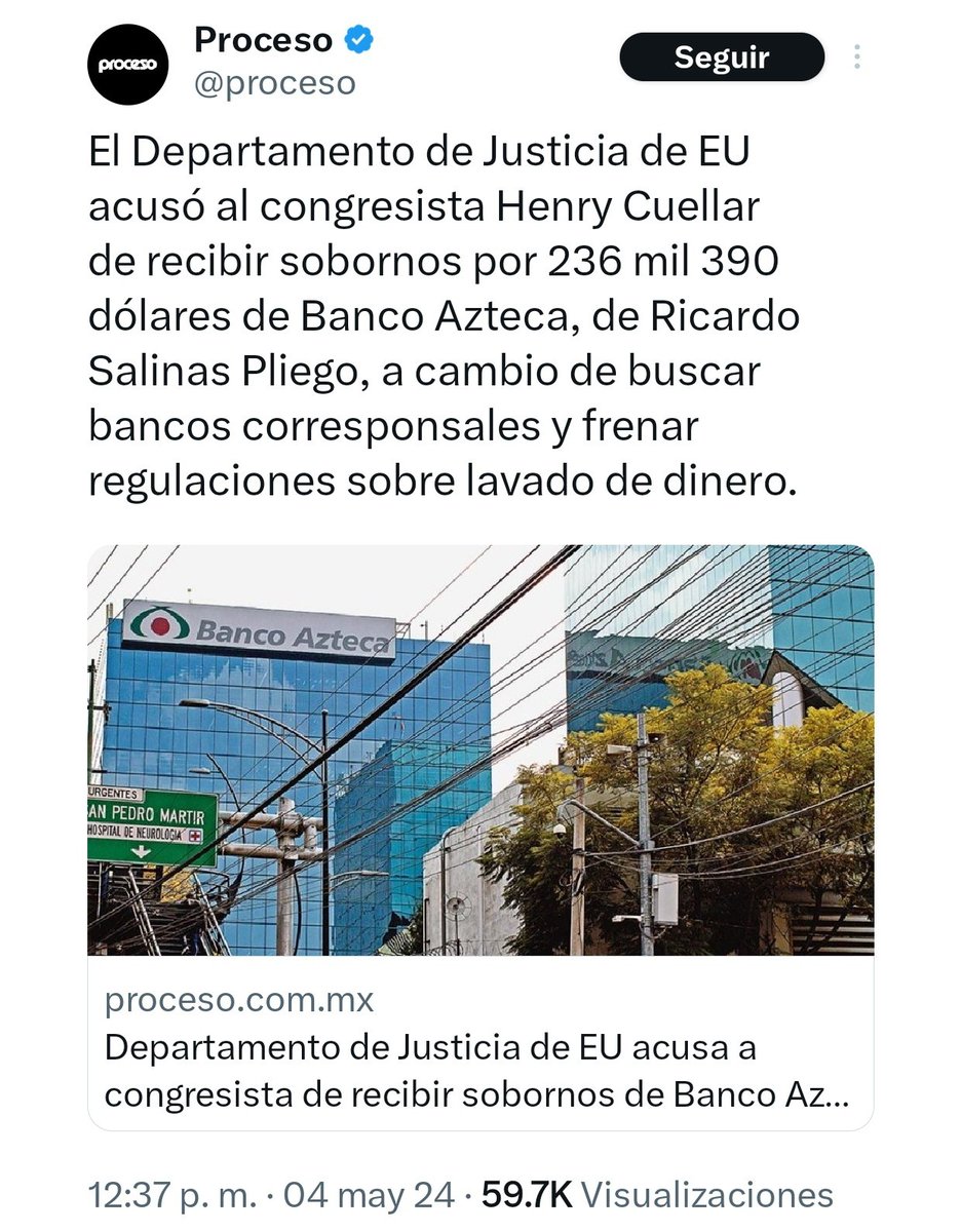 Acusa el Departamento de Justicia de EE.UU. al Congresista Henry Cuéllar de recibir 236 mil 390 dólares en sobornos de Banco Azteca, de Ricardo Salinas Pliego a cambio de frenar regulaciones sobre lavado de dinero del NARCO. @RicardoBSalinas es un criminal que merece la cárcel.👎