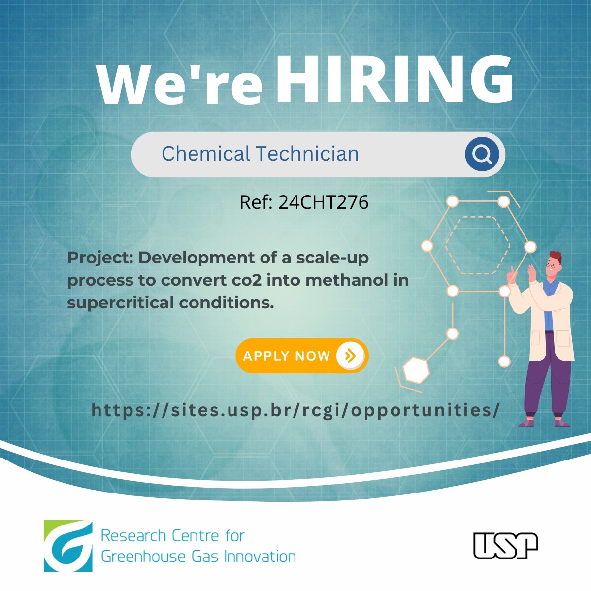 Oportunidade CLT no RCGI – USP! Buscamos um técnico químico para o programa CCU do RCGI – USP! Mais informações: sites.usp.br/rcgi/opportuni… #RCGI #USP #oportunidades