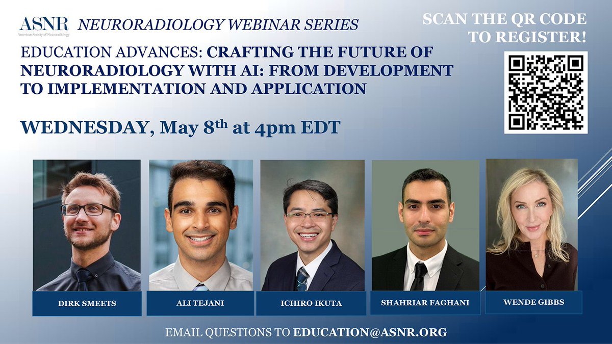 Excited to join a stellar lineup for the #neurorad webinar on May 8,hosted by @TheASNR . We'll dive into the journey of developing and implementing #AI in neuroradiology. 🔗 Register here: ow.ly/knHo50Rsxaj