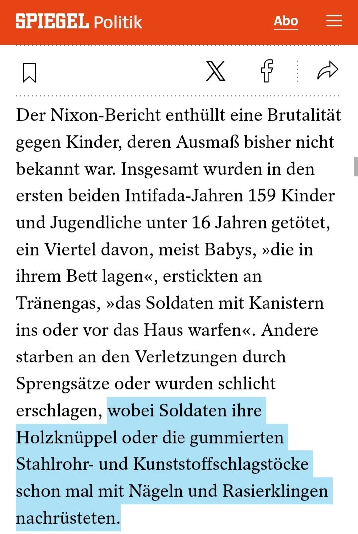 1990 schreibt @derspiegel einen erschütternden long-read über #Israel|s extreme Gewalt gegen palästinensische Kinder während der Zweiten Intifada. Heute copy-pastet er IDF-Pressemitteilungen und sichert den Genozid in #Gaza an der dt. Heimatfront ab.