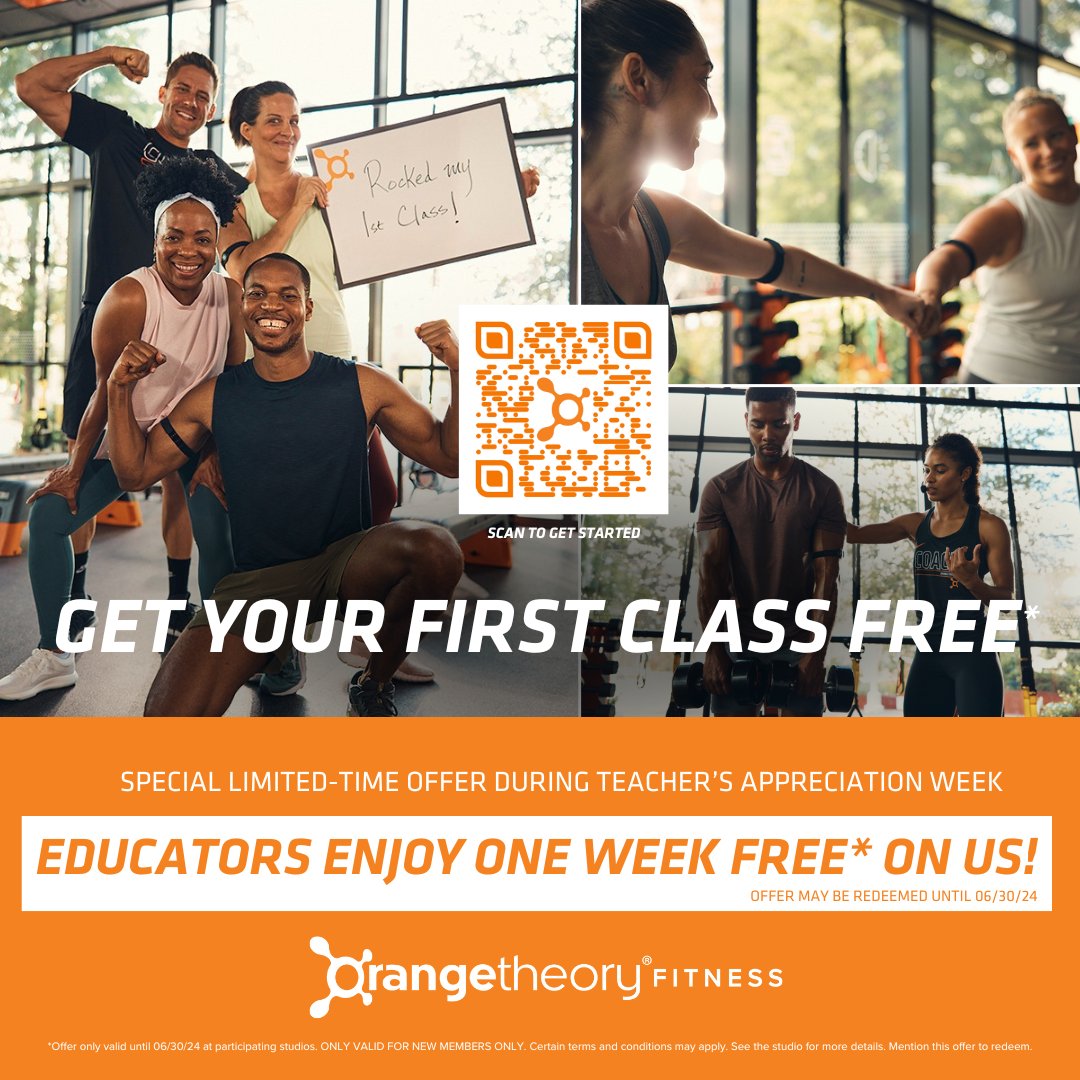 🧡 Join Orangetheory Fitness for heart-pumping workouts that leave you feeling accomplished, invigorated, and ready to take on anything life throws your way. 🔥 🧡Teachers, Administrators, and Staff - as an appreciation, please enjoy 1 Week FREE* on us.