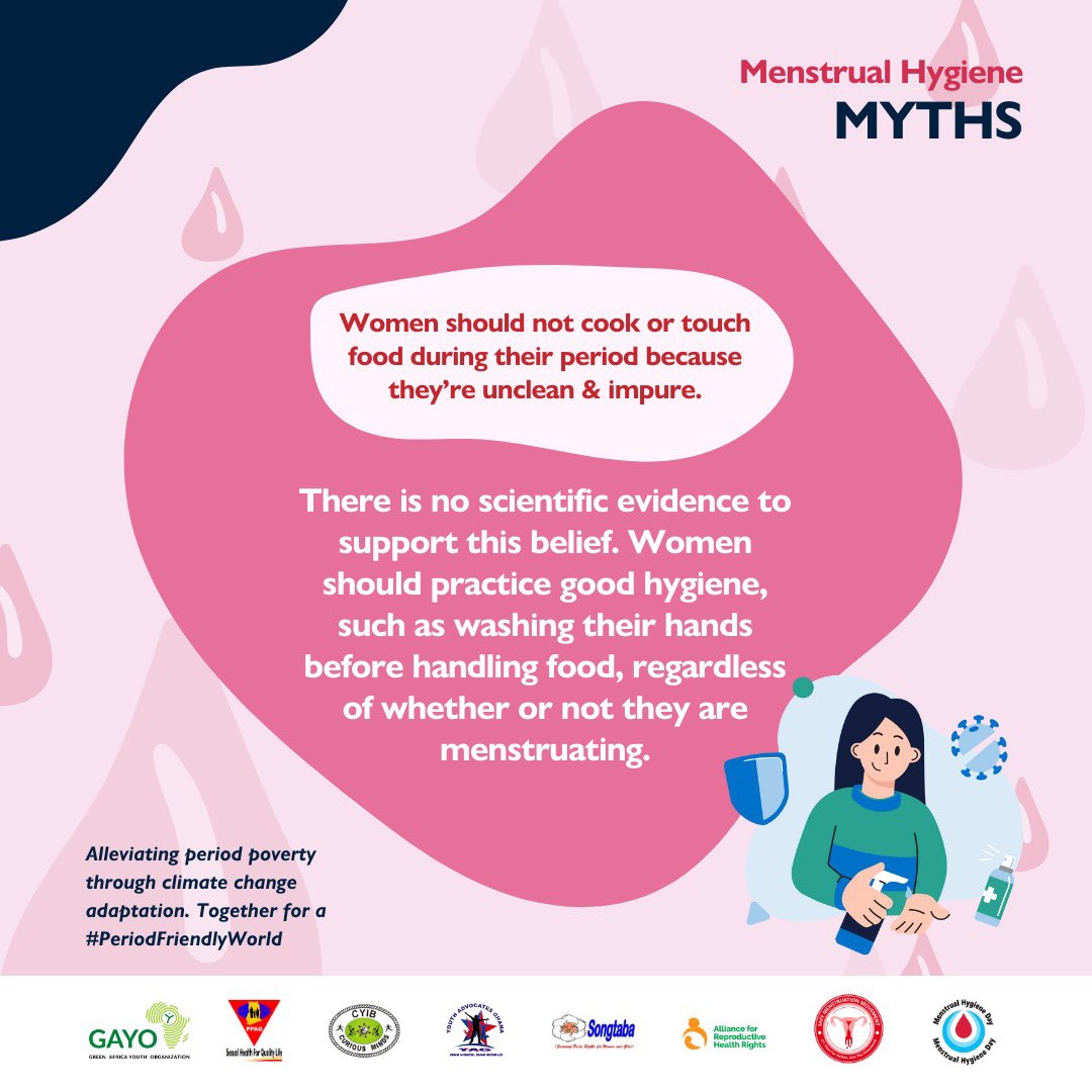 A woman can do any activity when menstruating including cooking. There is NO scientific evidence that women are unclean or impure during their period. #BreakTheMyth #StopPeriodShame #PeriodFriendlyWorld @gayoghana @PPAGGhana @cmghana @YagGhana @SongtabaNGO