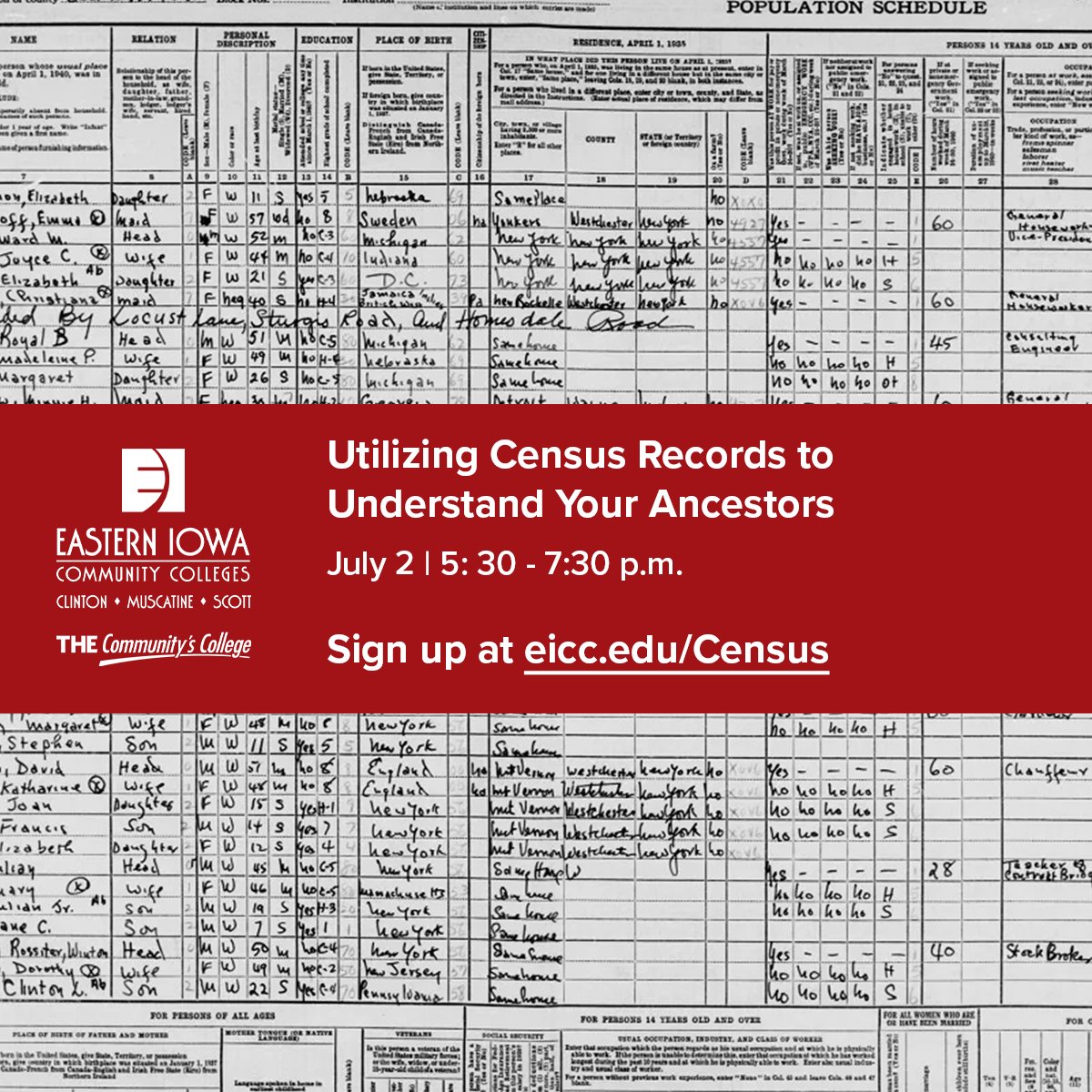 Learn where to find and how to use census records to build your family.

Sign up now at eicc.edu/Census.

#THECommunitysCollege #Genealogy